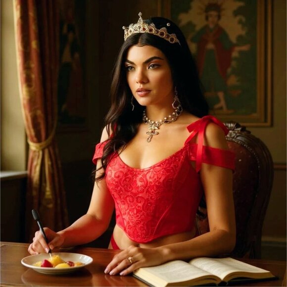 Sugar Thrillz Scarlet Satin Floral Jacquard Corset w/ Tie Straps & Lace‑Up – M - Picture 6 of 8